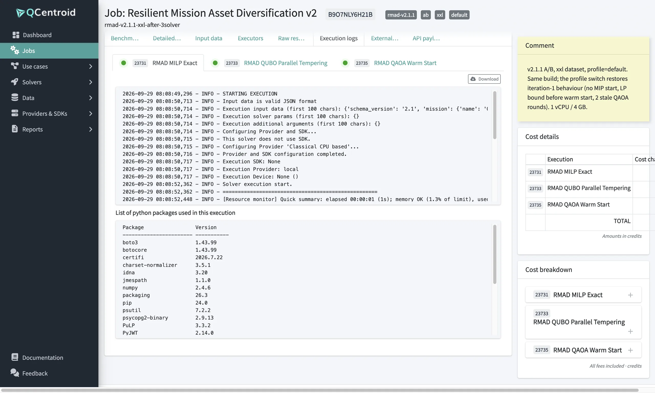 Execution logs of a solver run with a download button, next to the job cost details and cost breakdown