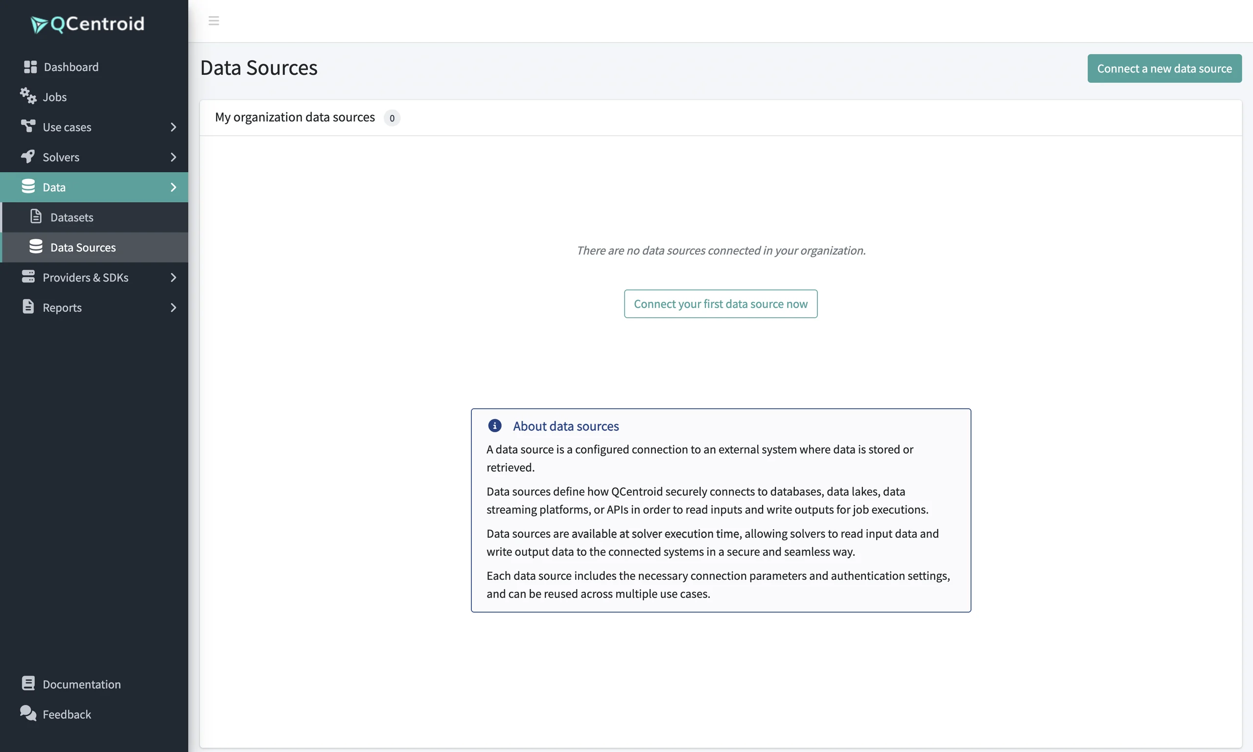 Data sources page: secure connections to external systems, available at solver execution time