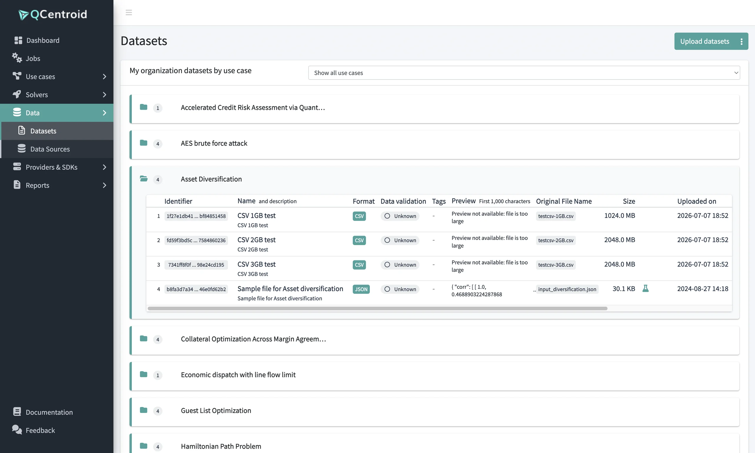 Datasets grouped by use case with format, validation status and size