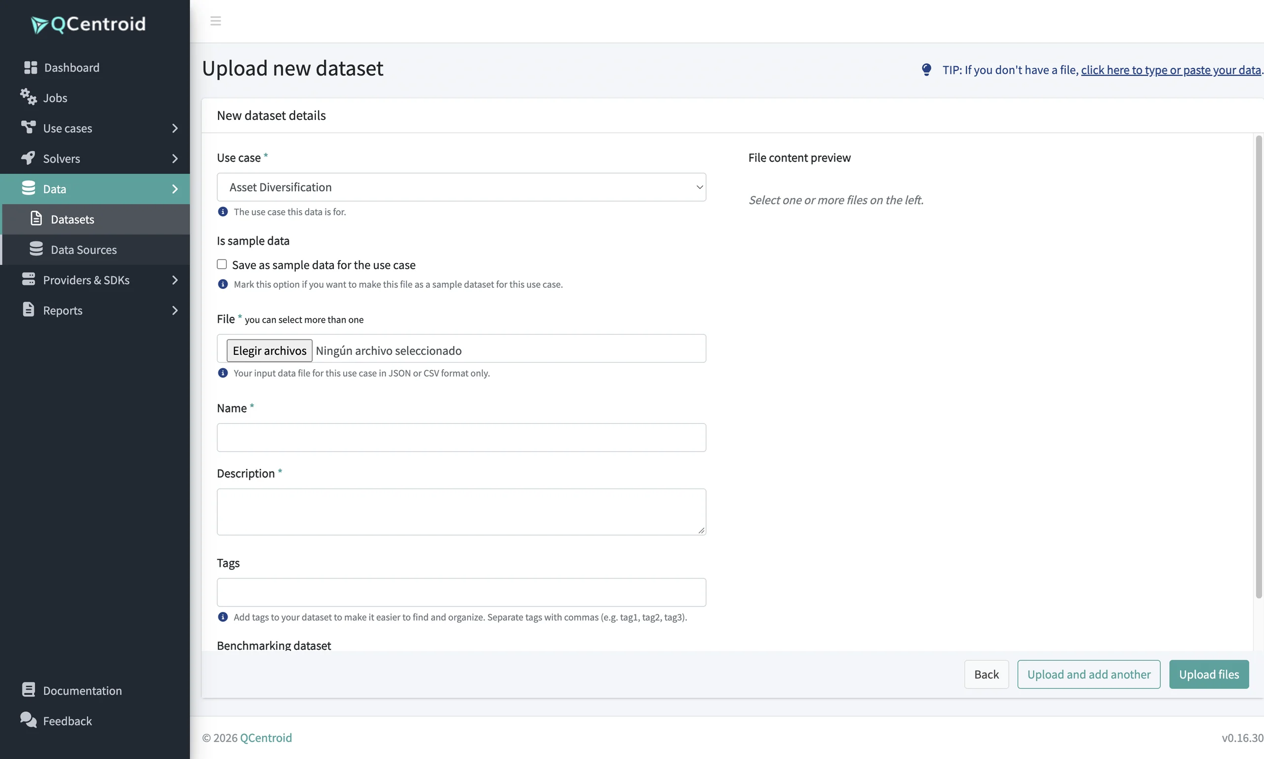Upload new dataset form with multiple file selection