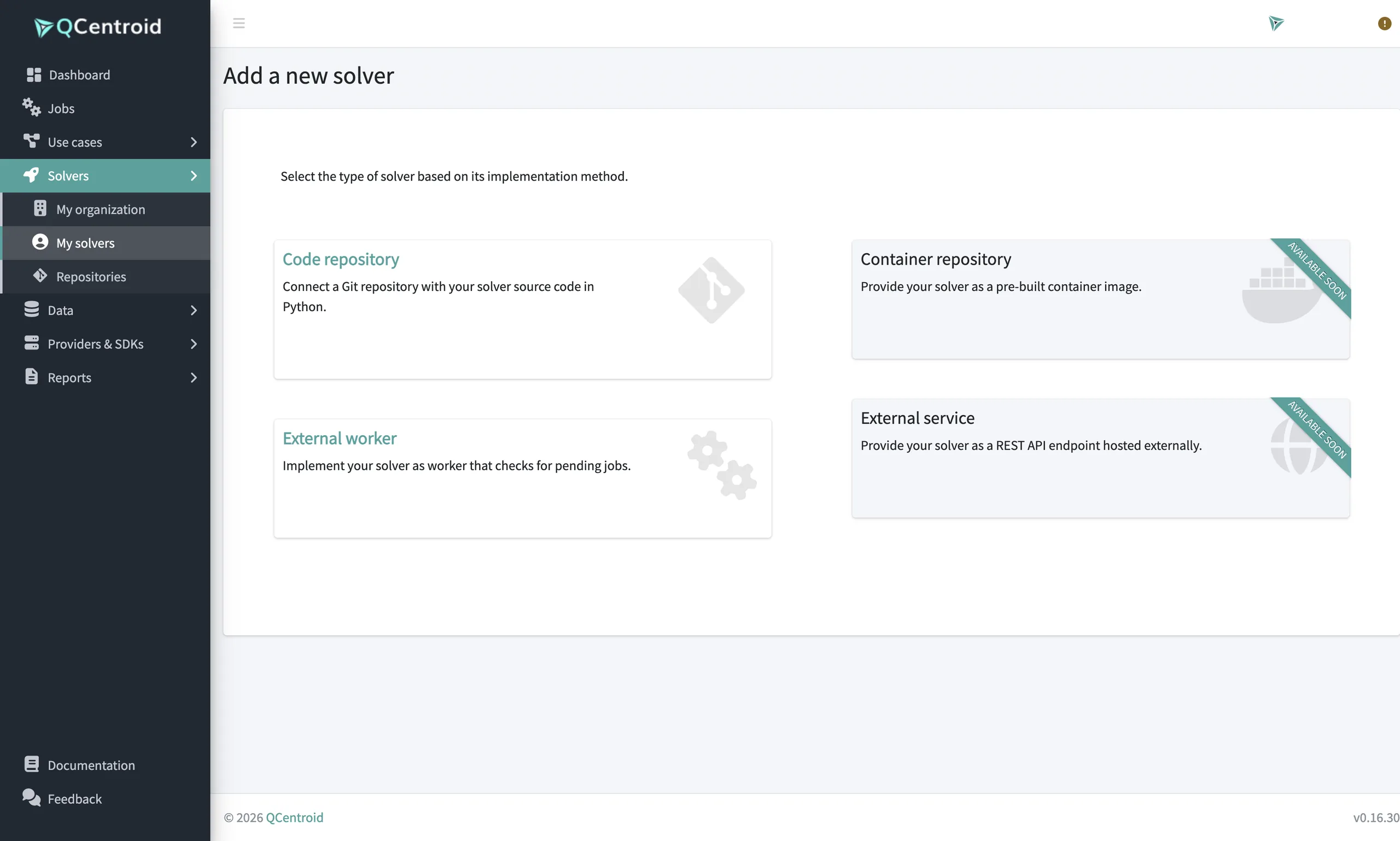 Add a new solver: choose the implementation method (code repository, container repository, external worker or external service)