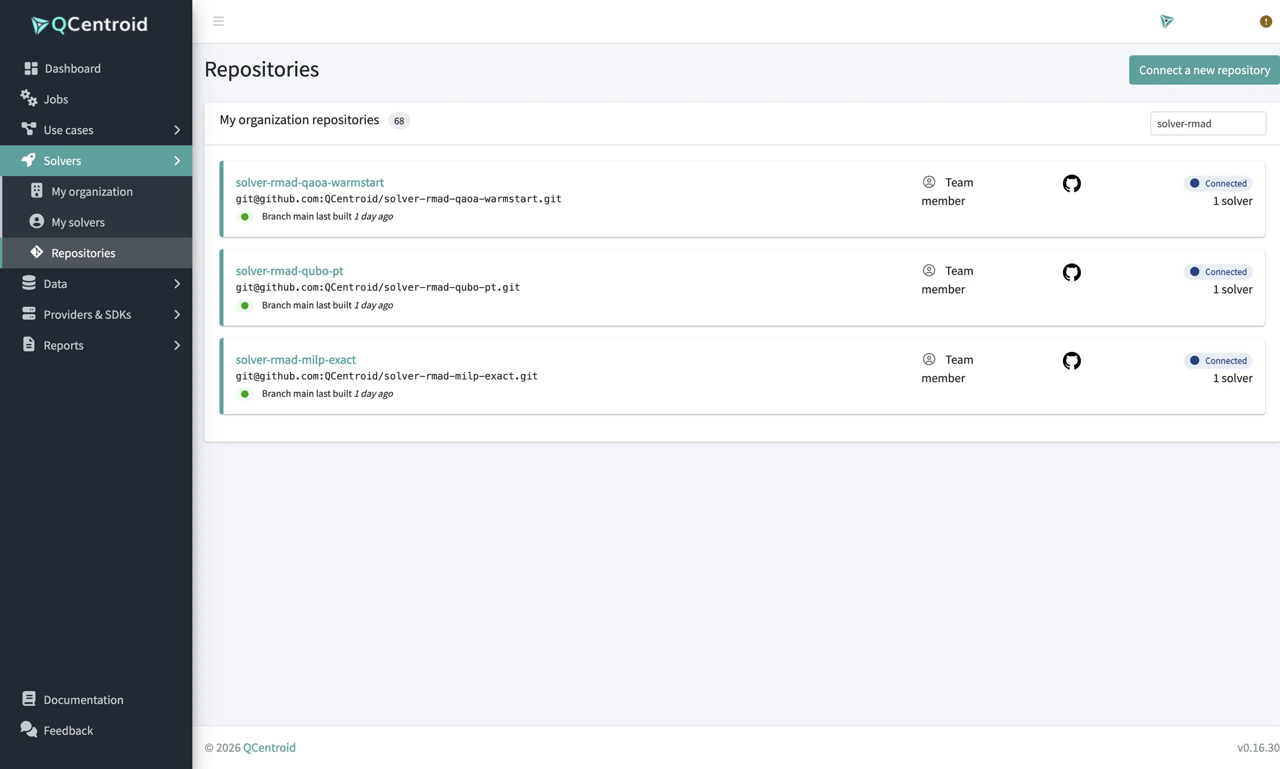 Connected Git repositories with their status, number of solvers and the time of the last build