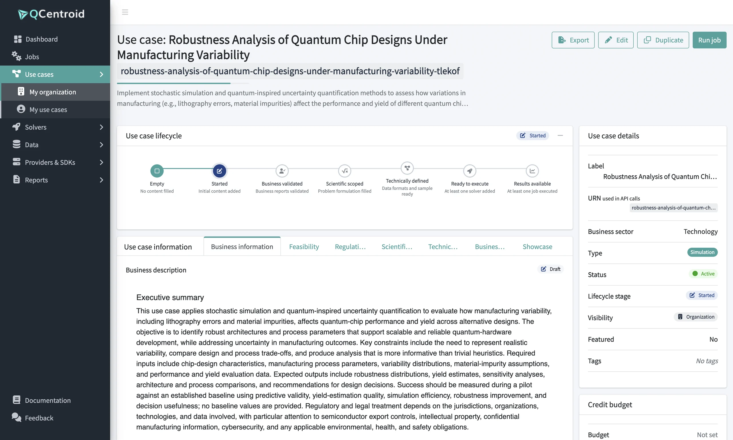 Use case lifecycle from Empty to Results available, with the use case tabs and details