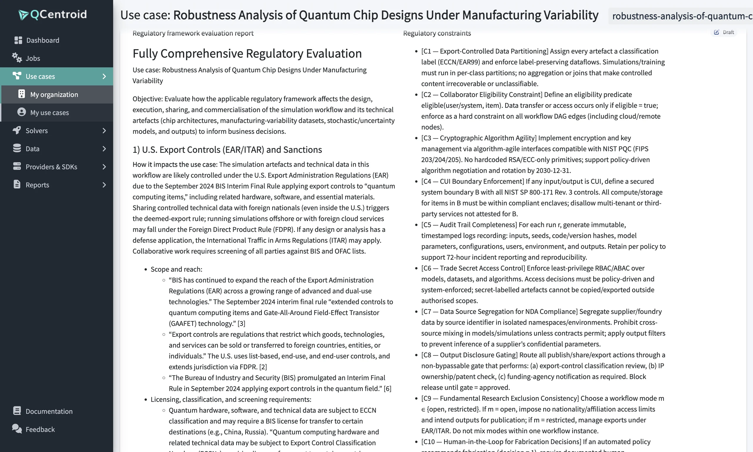 Regulatory evaluation report of a use case with export controls and regulatory constraints