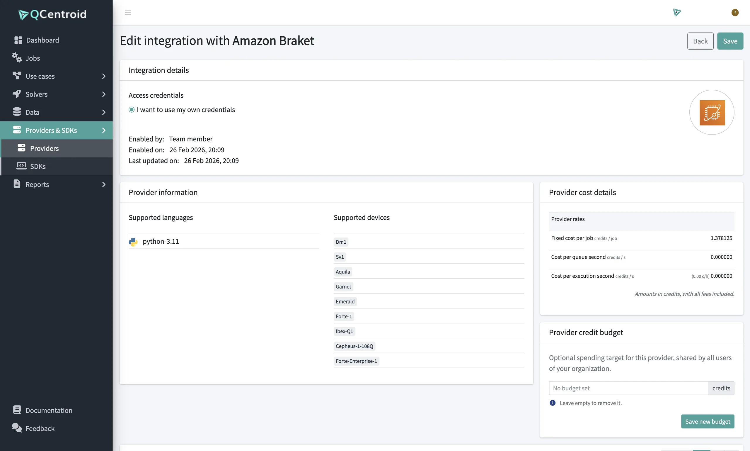 Amazon Braket integration settings: use your own credentials, provider cost details and an optional provider credit budget